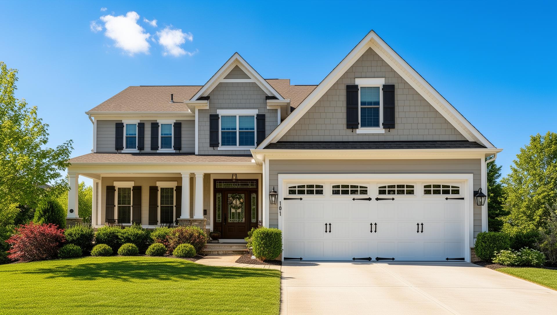 Beautiful suburban home with classic carriage house garage doors featuring decorative black iron hardware